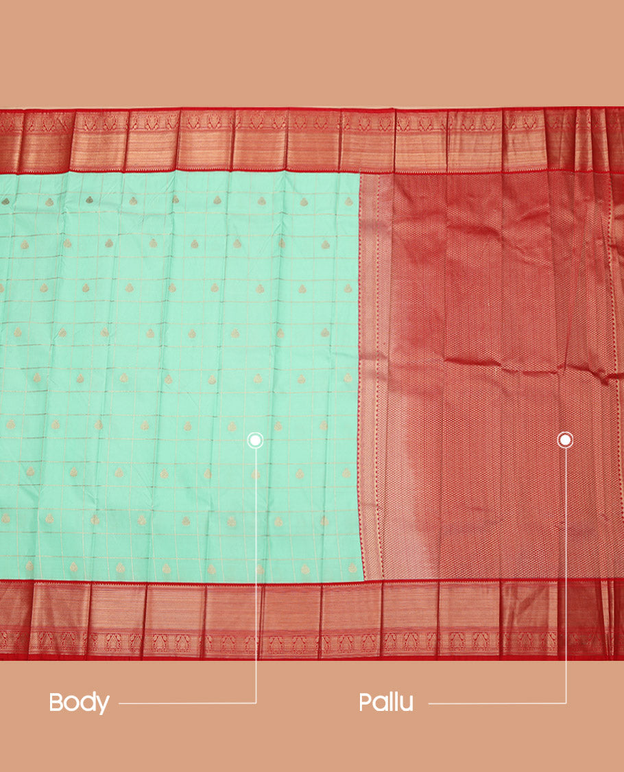 Turquoise Budget Silk Saree, Graced with Zari Butta Enclosed Checks on Its Body, Complemented by a Contrast Traditional Zari Design Border, Grand Jaal Pallu, and Paired with a Contrast Blouse