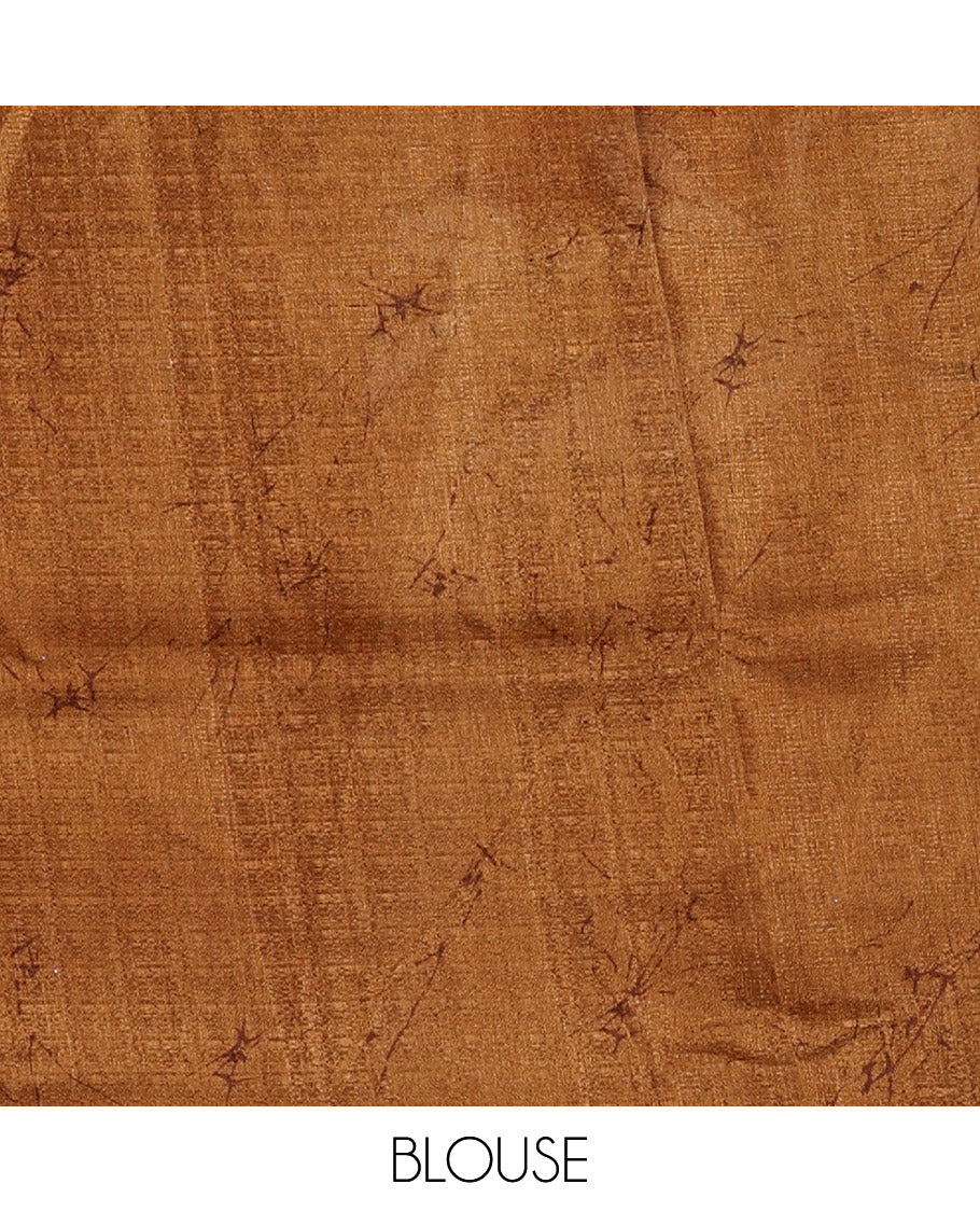 Borderless cream-mustard batik-style floral printed khadi cotton saree, printed pallu & printed blouse