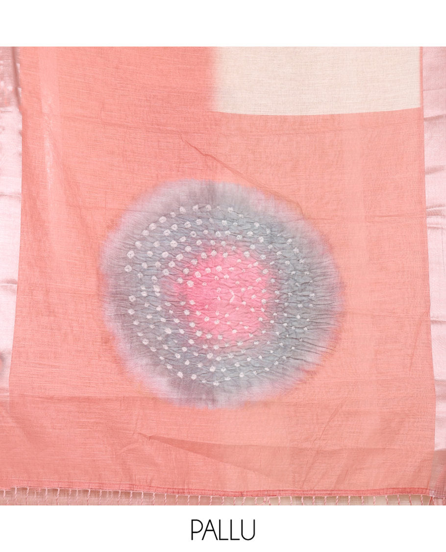 Rust Linen Cotton Saree, Decked Up Ombre-Style Double-Color Print, Highlighted by Contrast Zari Bavanji Border, Pallu Pictures Bandhani Design, and Paired with a Contrast Bandhani Blouse