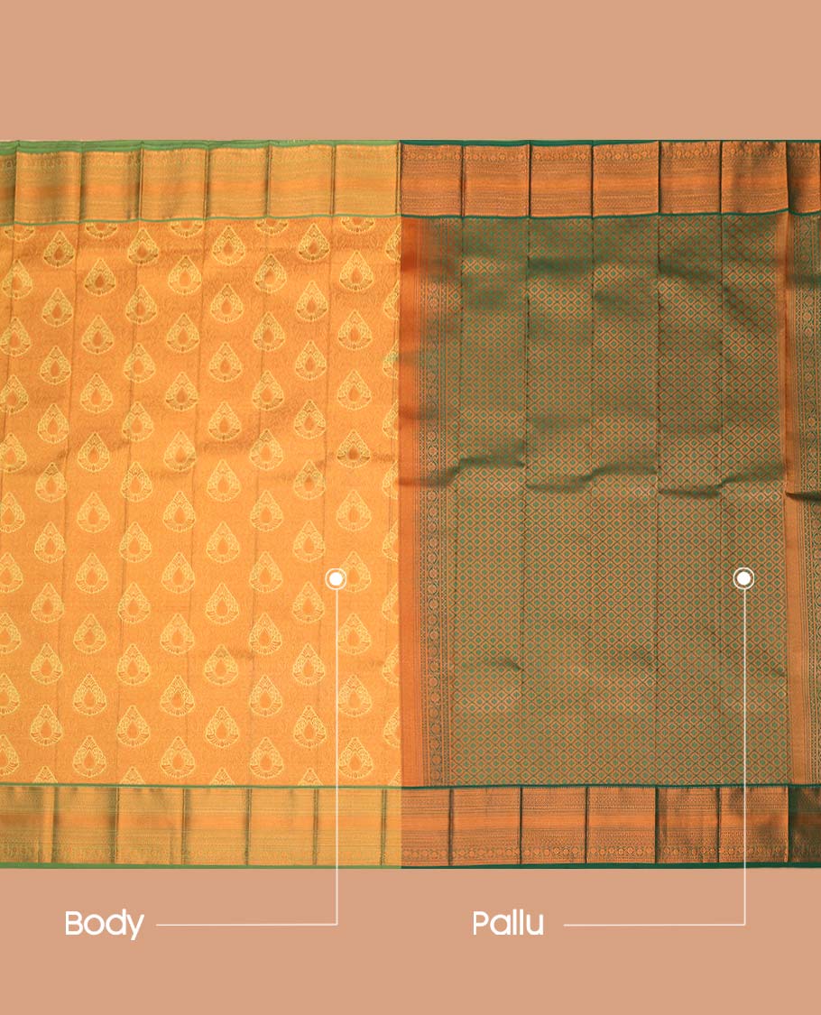 Yellow Budget Silk Saree, Showcasing Buttas, Complemented by Contrast Traditional Zari Border, a Jaal Pallu and a Contrast Blouse