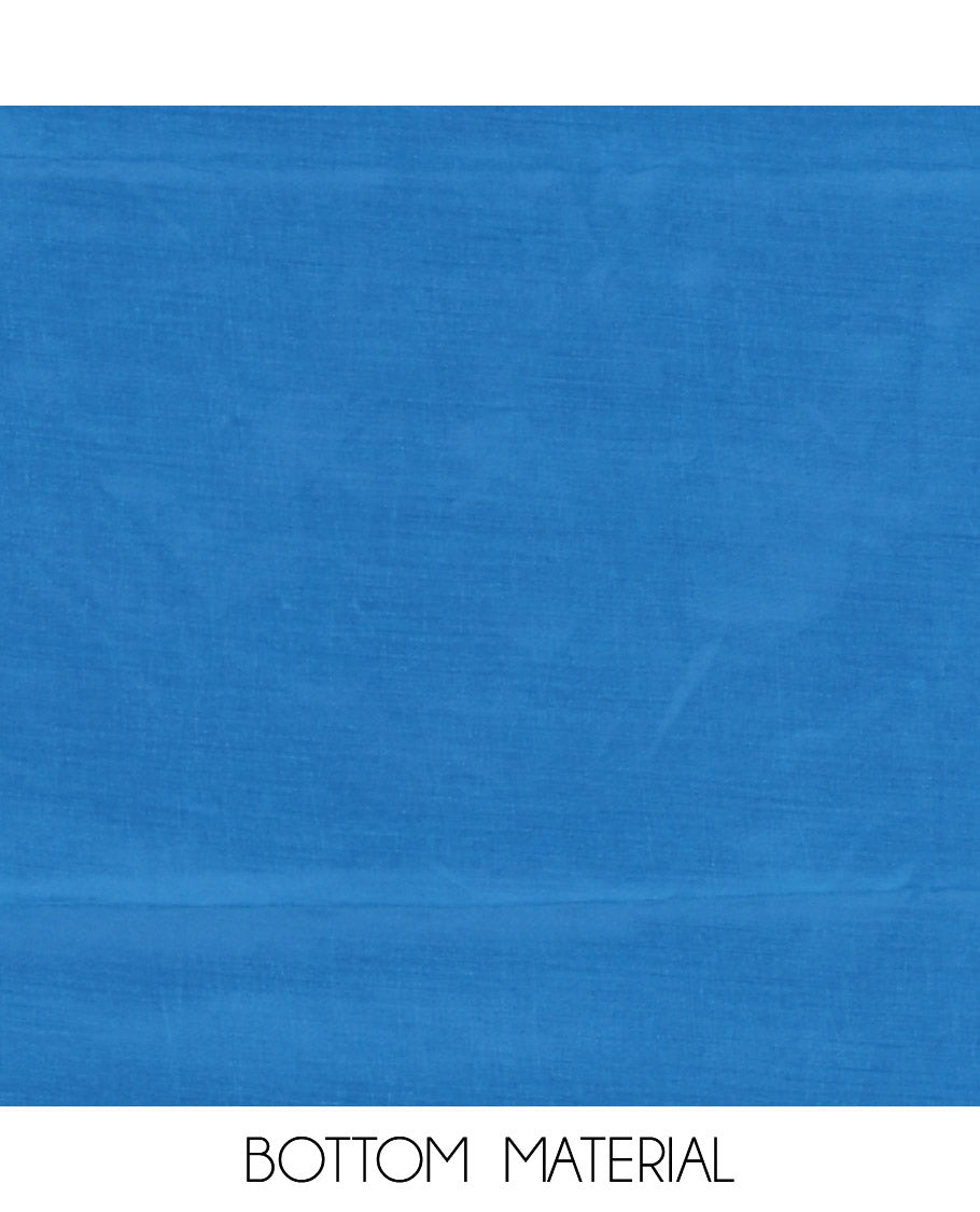 Blue material chudidar set, leaf-floral motifs thread and sequins embroidered kota cotton top, a matching bottom, and a leaf motifs thread and sequins embroidered dupatta