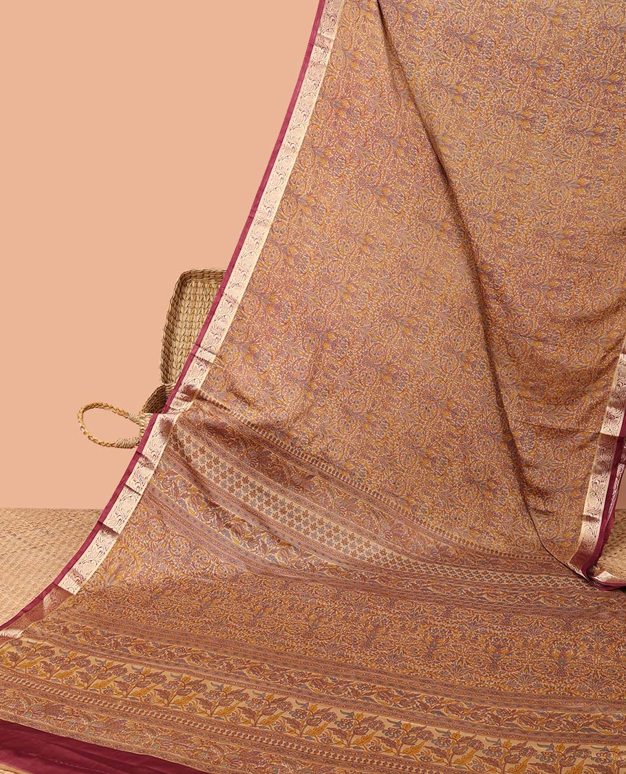 Brown intricately printed semi-banaras printed saree, contrast floral & paisley border & floral design pallu