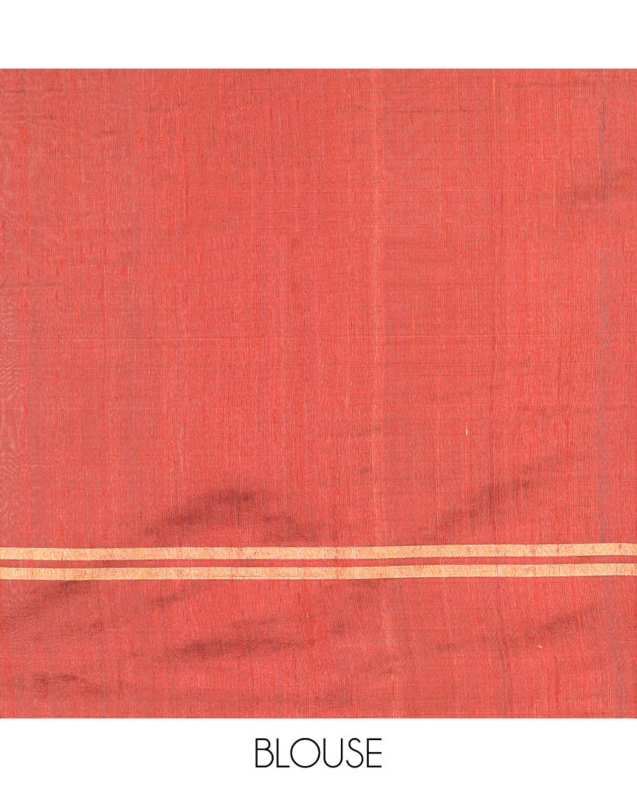 Rust Orange Dupion Silk Saree Beautified with Dobby-Style Buttas All Over Its Body, Zari Striped Border, Pallu Steeped with Square Designs, and Paired with a Matching Blouse