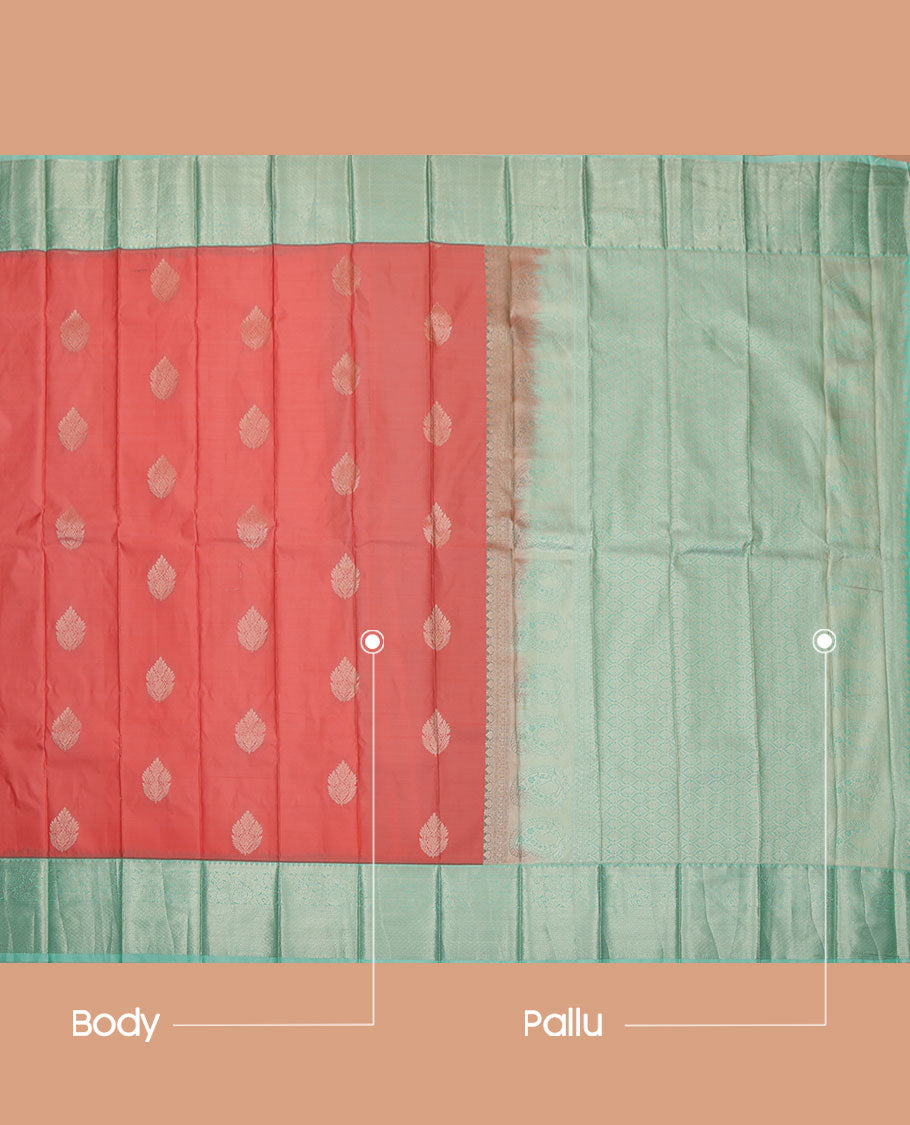 Peach Budget Silk Saree, Masterfully Woven with Zari Buttas All Over Its Body, Complemented by a Contrast Traditional Zari Design Border, Ogee Patterned Pallu, and Paired with a Contrast Blouse