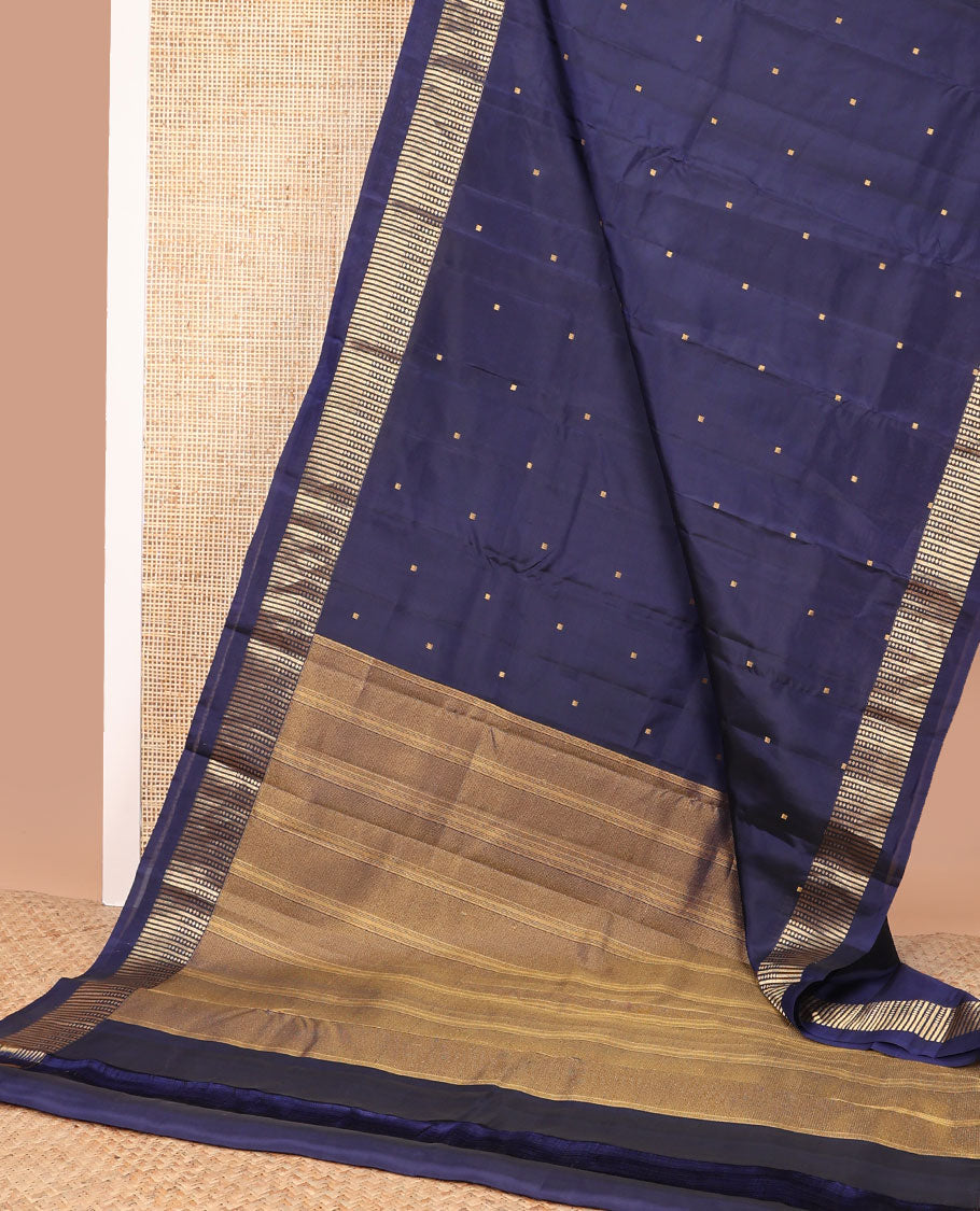 Dark blue square buttas vasundhara elite silk saree with self striped border & pallu of stripes