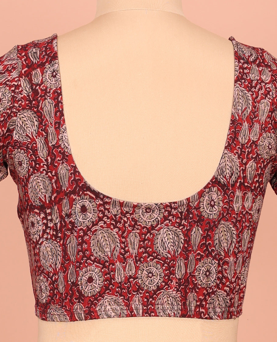Red Cotton Readymade Blouse Meticulously Crafted with All-Over Floral Vine Print, Front Round-Neck, Back Round Neck, and Elbow Sleeves