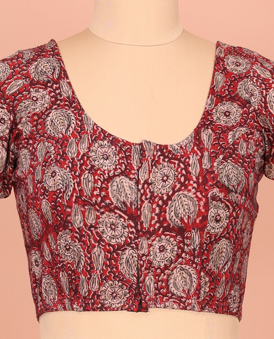 Red Cotton Readymade Blouse Meticulously Crafted with All-Over Floral Vine Print, Front Round-Neck, Back Round Neck, and Elbow Sleeves