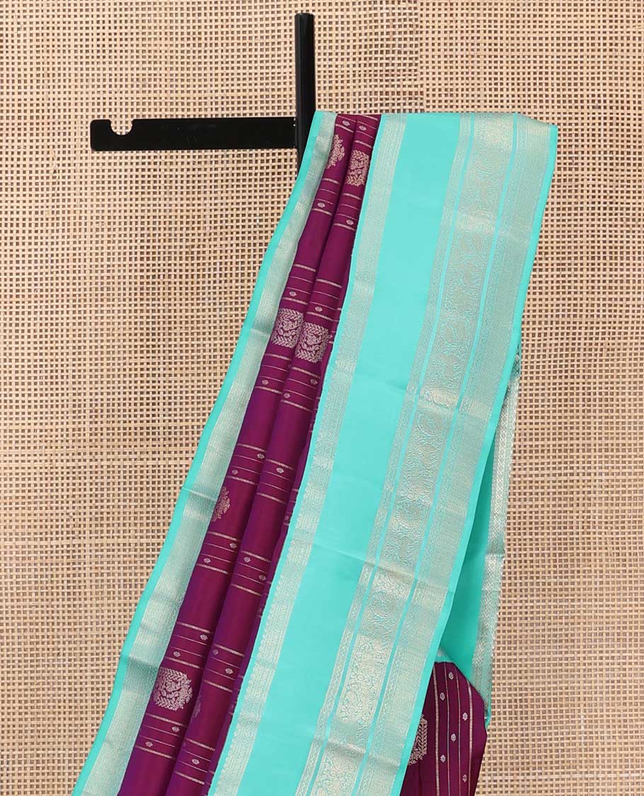 Purple zari design silk saree, contrast rettai pettu traditional zari border, and intricate pallu