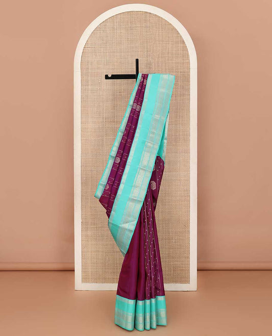 Purple zari design silk saree, contrast rettai pettu traditional zari border, and intricate pallu