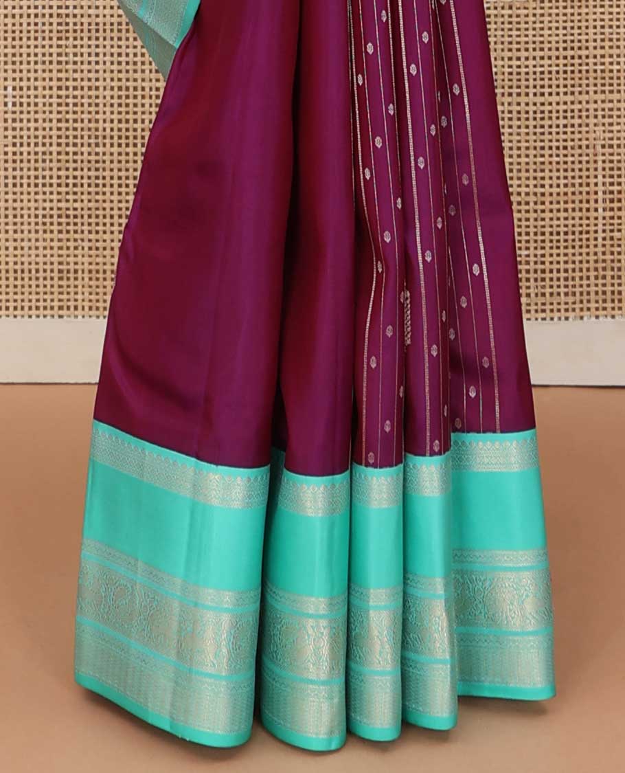Purple zari design silk saree, contrast rettai pettu traditional zari border, and intricate pallu