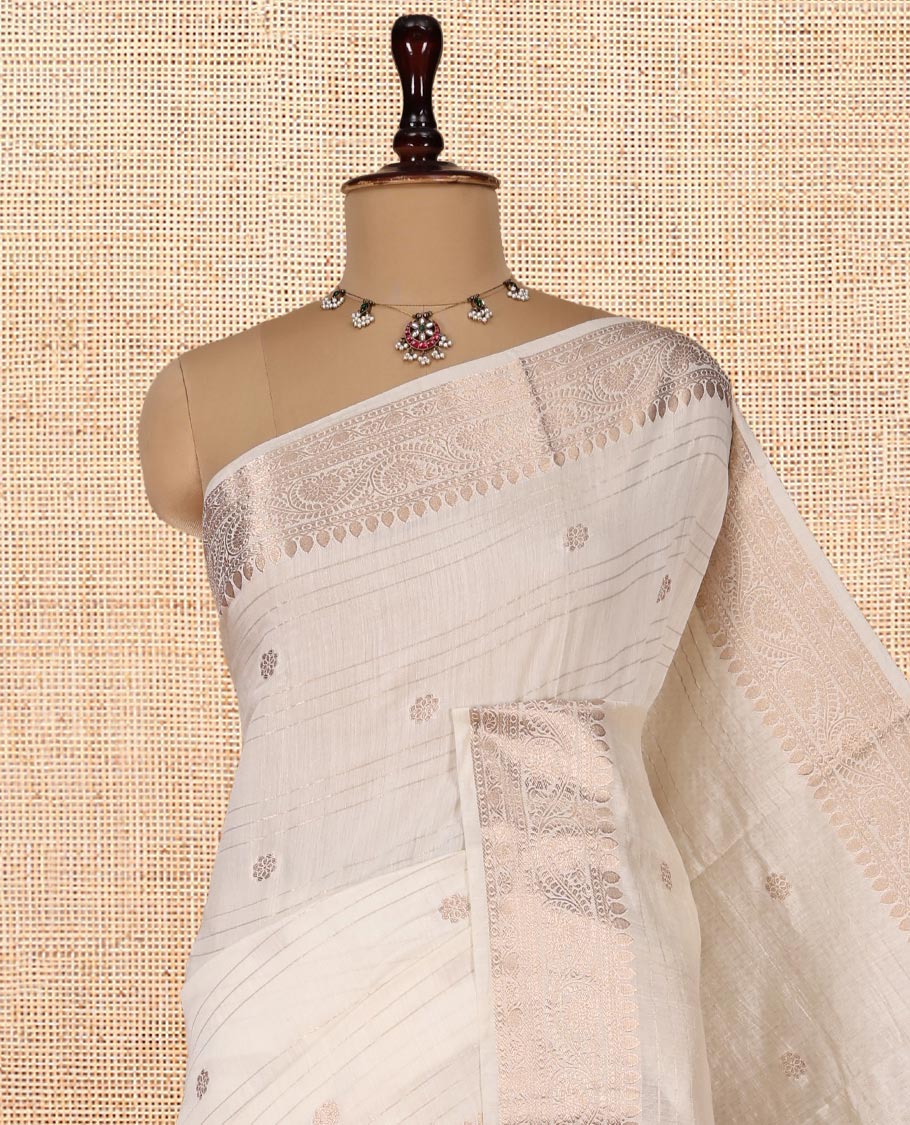 White Assam Silk Saree, Enthralled with Zari Buttas and Stripes, Highlighted by a Zari Traditional Woven Border, Zari-Striped Pallu, and a Matching Blouse
