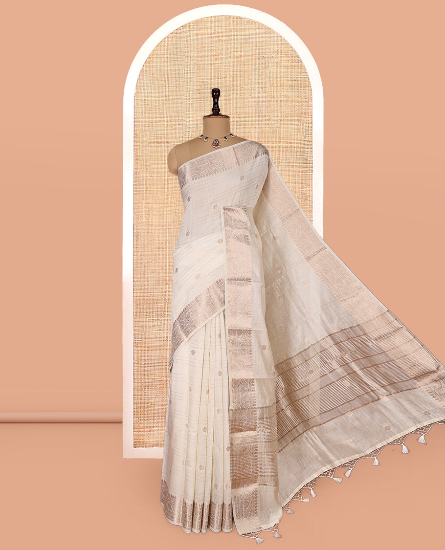White Assam Silk Saree, Enthralled with Zari Buttas and Stripes, Highlighted by a Zari Traditional Woven Border, Zari-Striped Pallu, and a Matching Blouse
