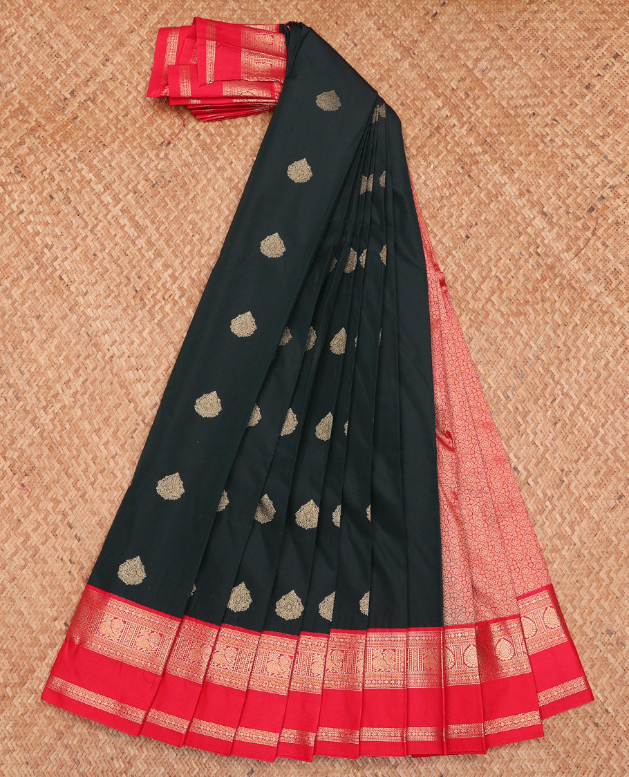 Black Budget Silk Saree, Gleamed Up with Zari Buttas, Complemented by a Contrast Traditional Rettai Pettu Border, Grand Pallu, and a Contrast Blouse