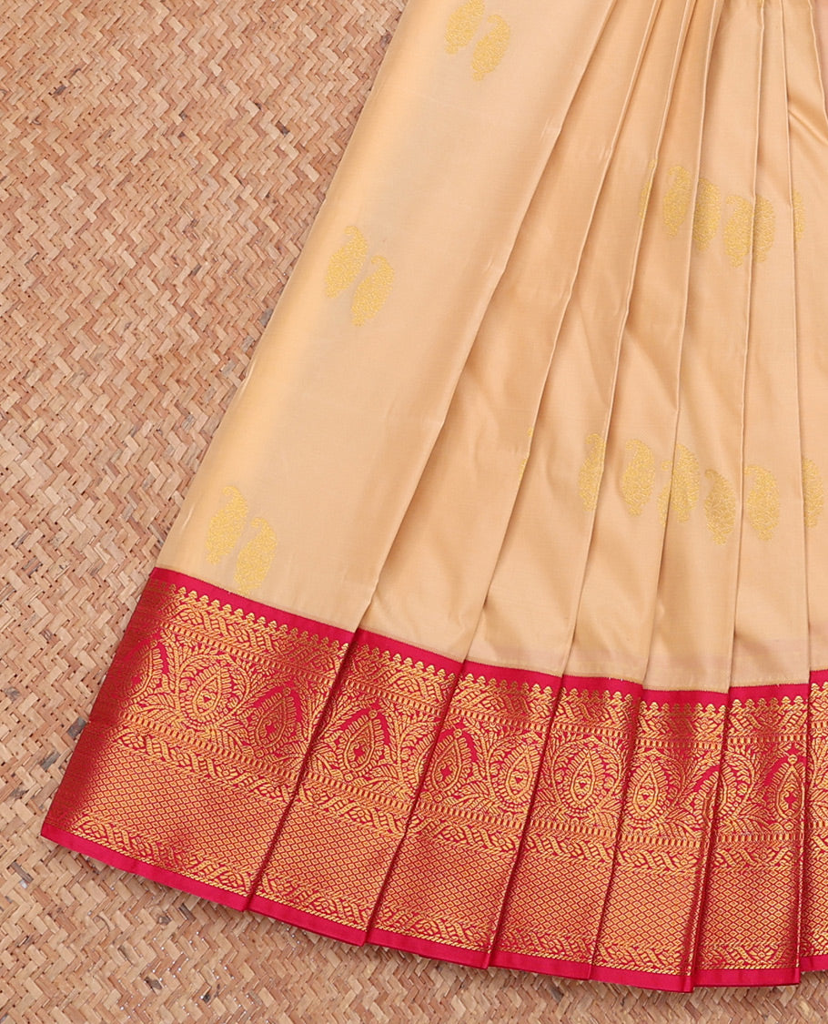 Sandal Budget Silk Saree, Sparsely Woven with Zari Buttas, Complemented by a Contrast Traditional Zari Border, Jaal Pallu, and Contrast Blouse