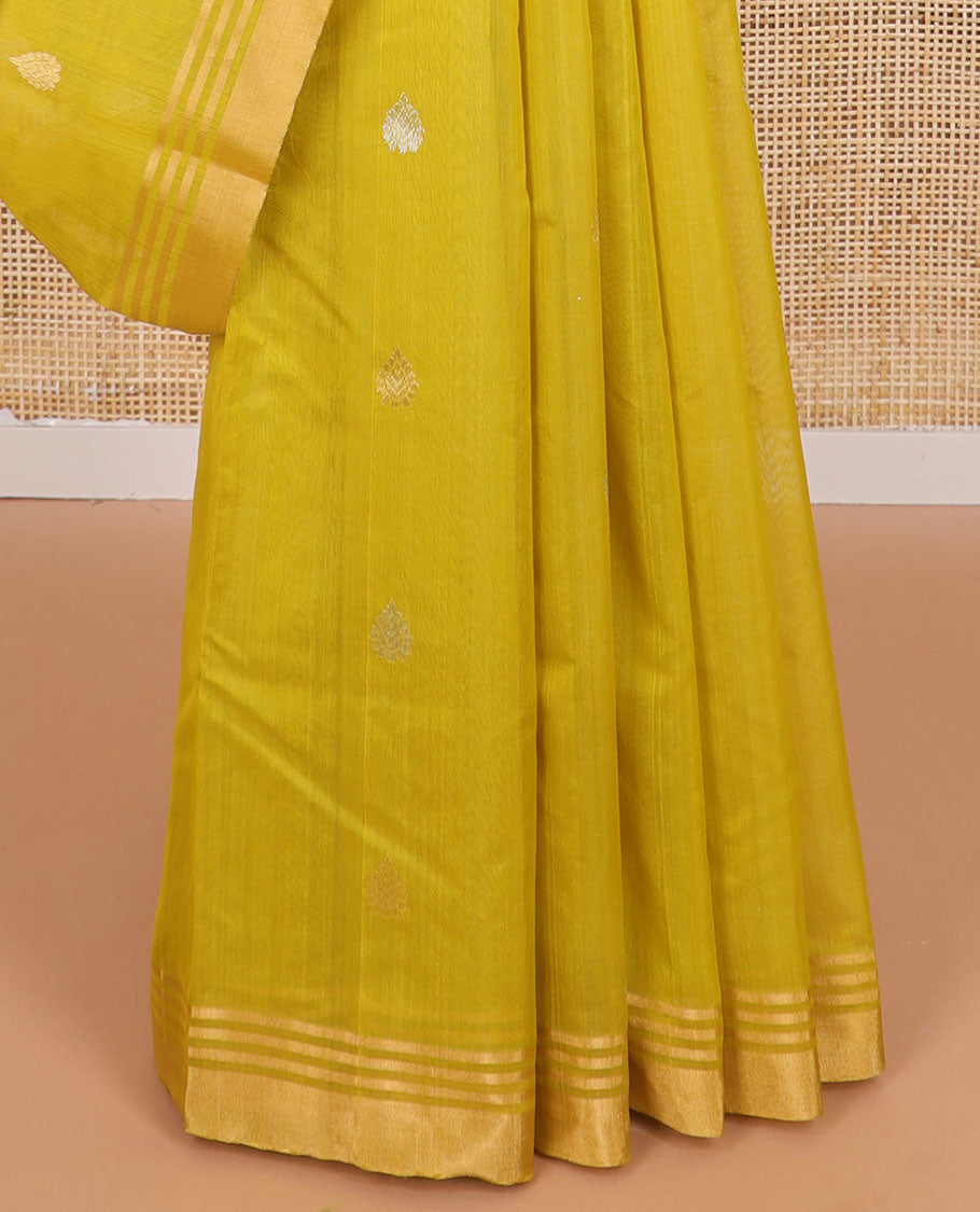 Light green floral design chanderi cotton saree with self zari border & striped pallu