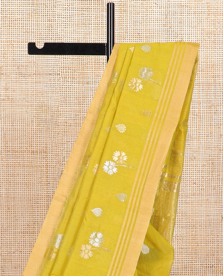 Light green floral design chanderi cotton saree with self zari border & striped pallu