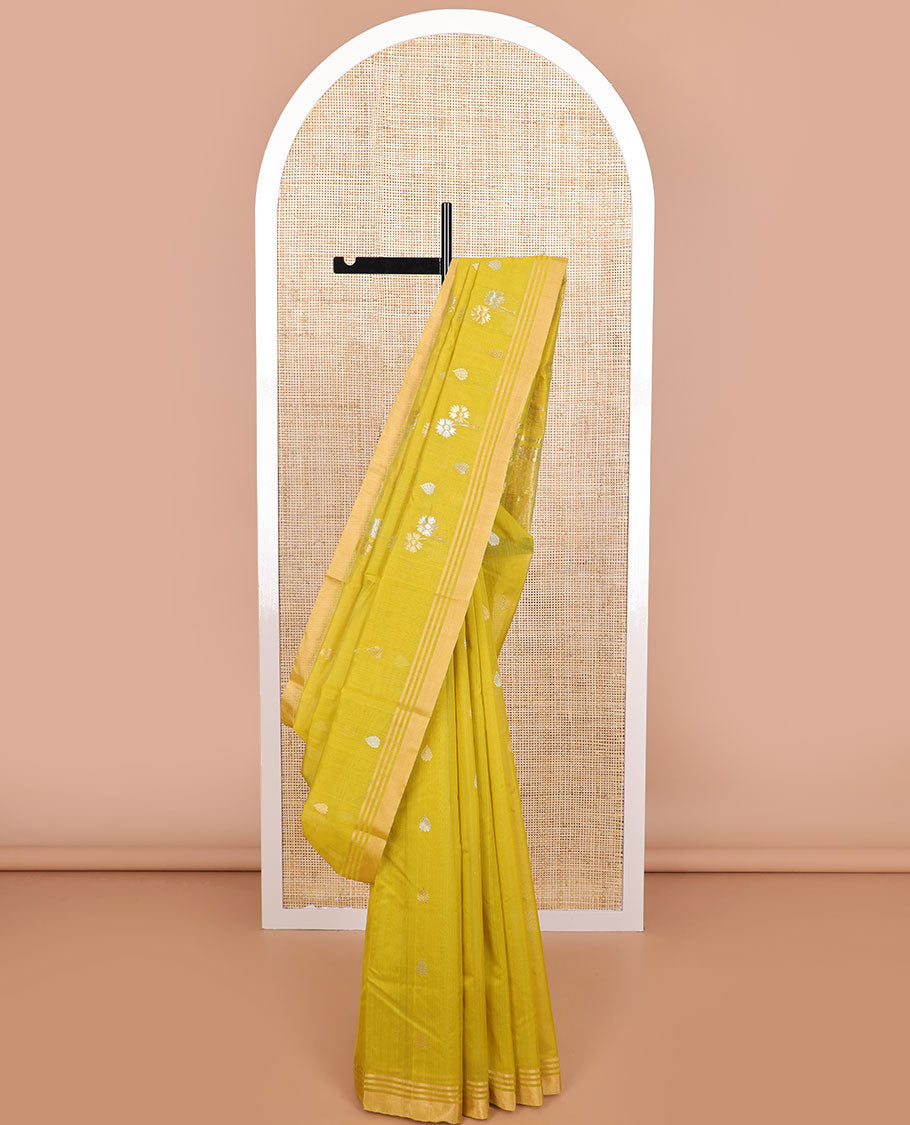 Light green floral design chanderi cotton saree with self zari border & striped pallu