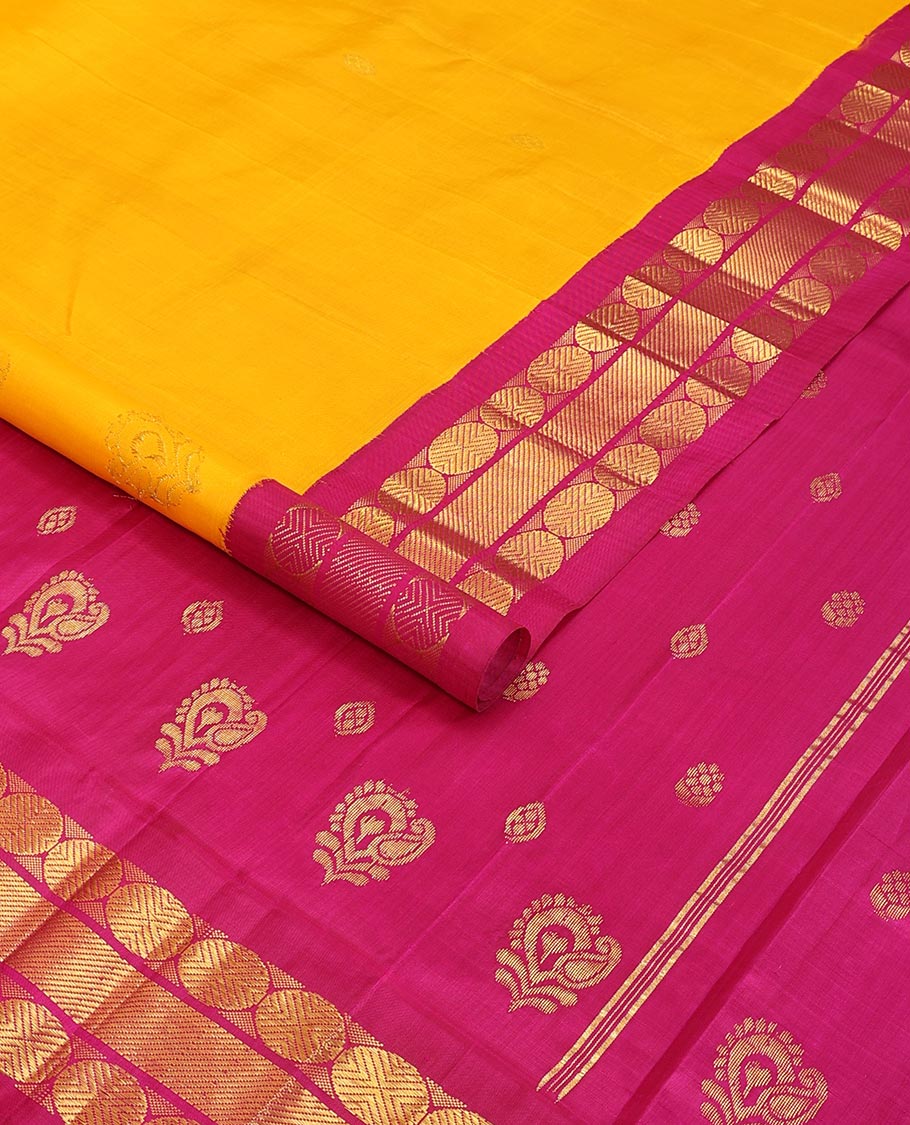 Yellow buttas kancheepuram silk saree with contrast korvai border of paun, banaras design & zari design pallu