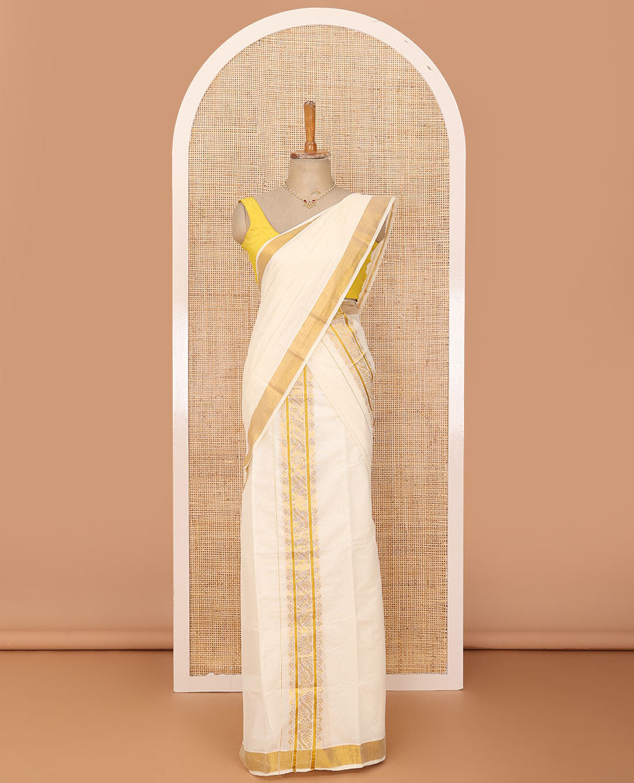 Cream plain Kerala mundu set with traditional golden zari woven border