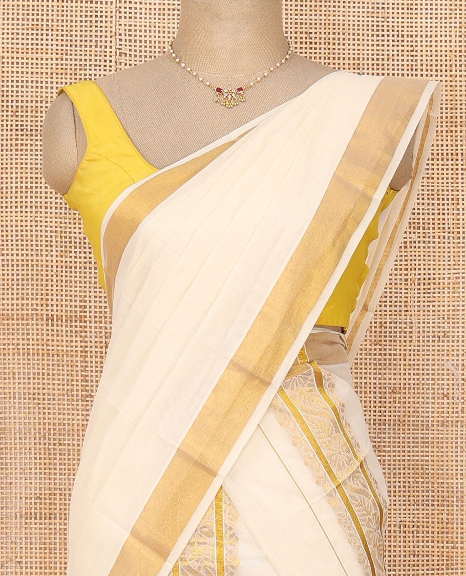 Cream plain Kerala mundu set with traditional golden zari woven border