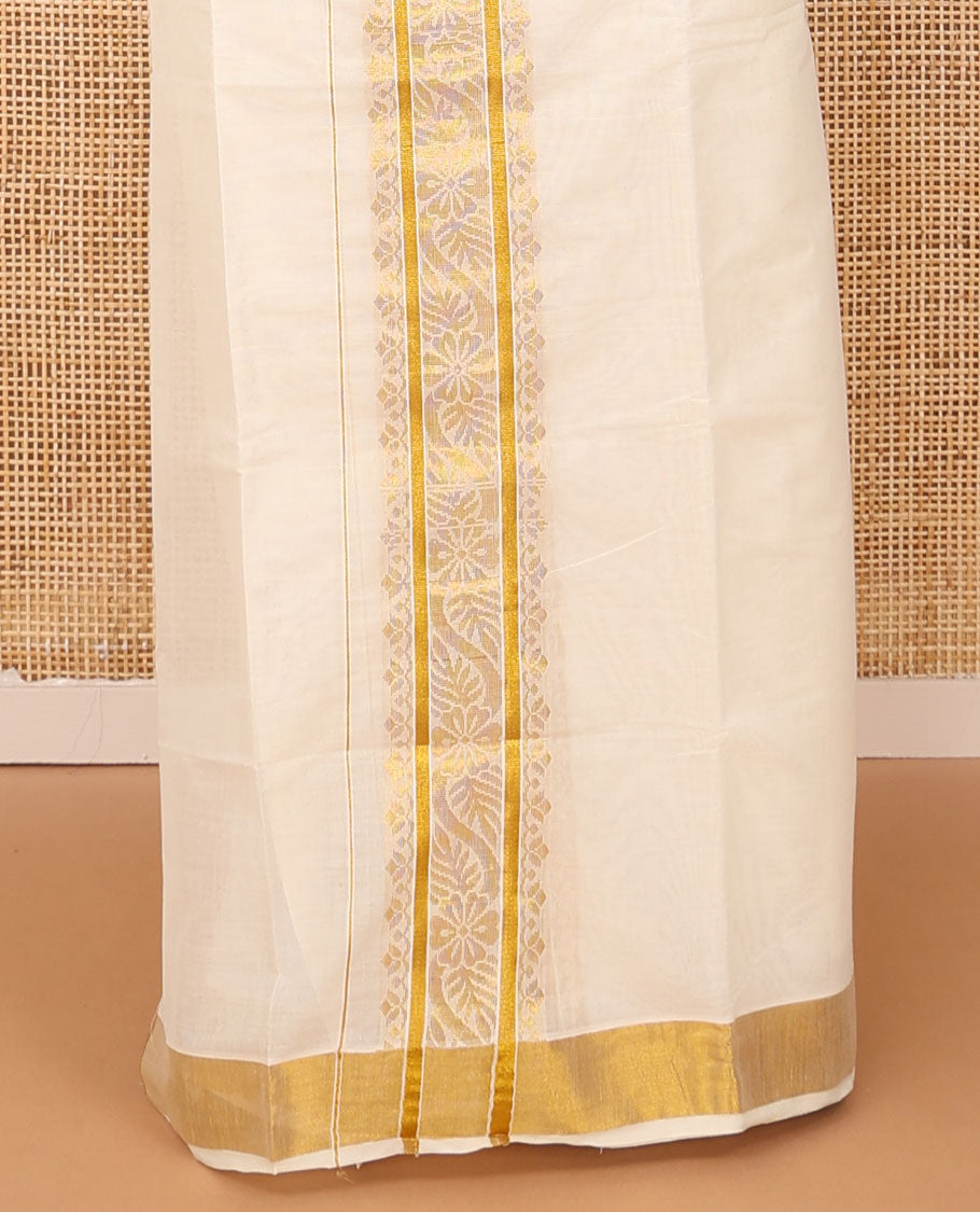 Cream plain Kerala mundu set with traditional golden zari woven border