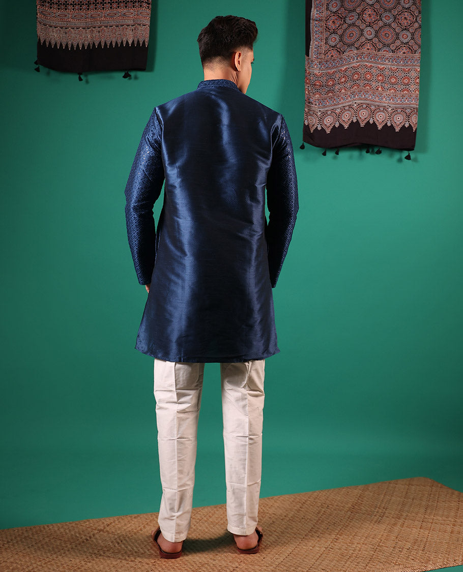 Blue sequins embroidered full-sleeved men's kurta