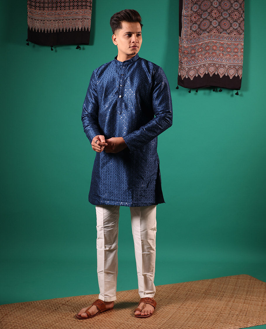 Blue sequins embroidered full-sleeved men's kurta