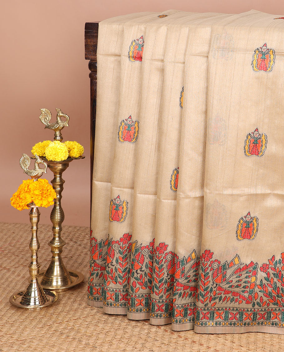 Sandal madhubani butta embroidery banarasi jute silk saree with madhubani design thread embroidery border & madhubani design thread embroidery, embroidery blouse