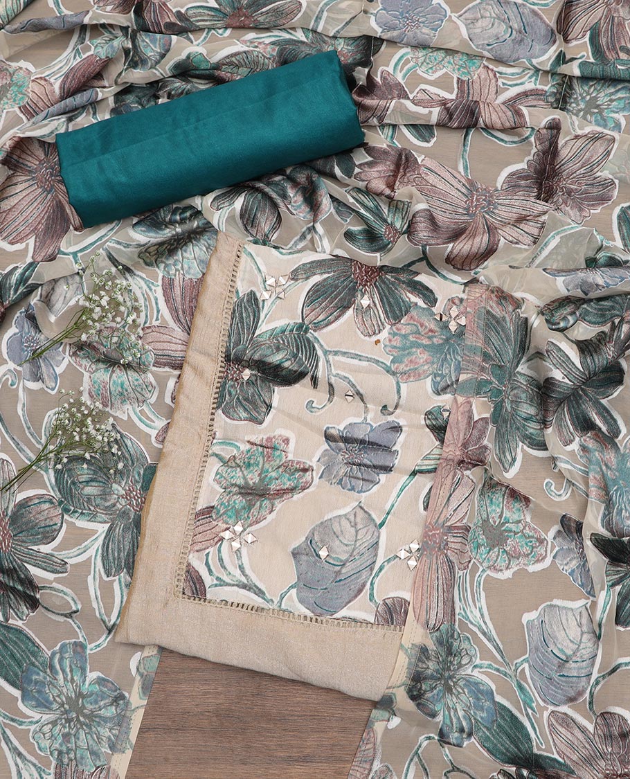 Beige and teal material chudidar set, floral print with mirror work patch neck embroidered top, contrast bottom and floral printed dupatta