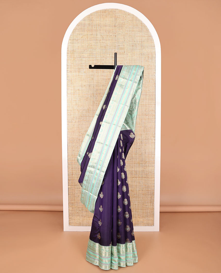 Violet butta vasundhara elite silk saree with contrast intricate zari design & floral design pallu