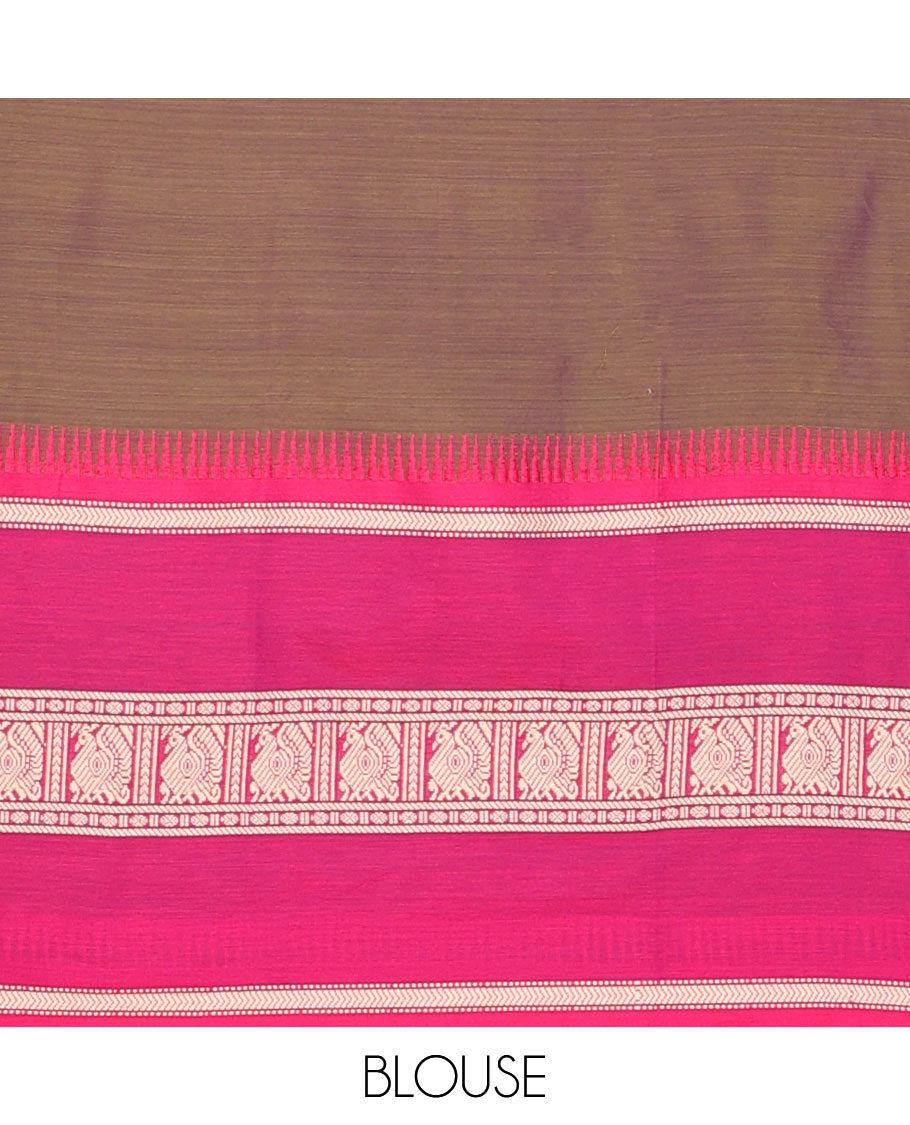 Dark Brown cotton half saree with contrast peacock design border, peacock design blouse & temple border dhavani