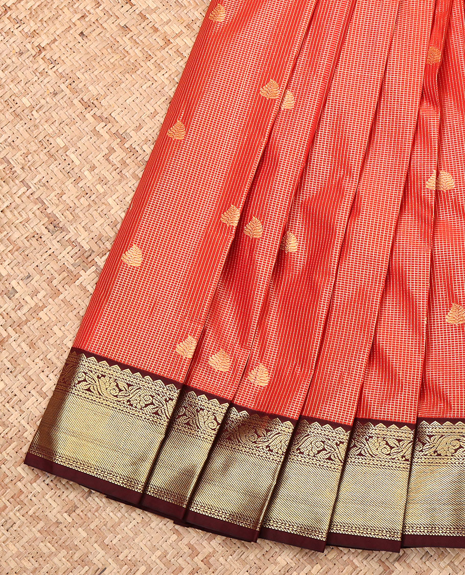 Red Budget Silk Saree, Mesmerized with Zari Buttas and Checks, Complemented by Contrast Traditional Zari Border, Geometric Pallu, and a Contrast Blouse