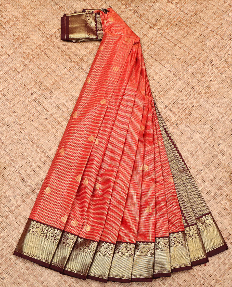 Red Budget Silk Saree, Mesmerized with Zari Buttas and Checks, Complemented by Contrast Traditional Zari Border, Geometric Pallu, and a Contrast Blouse