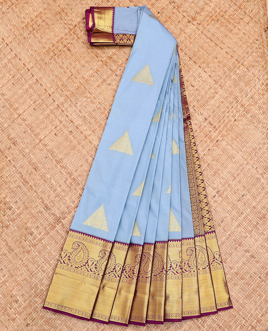 Grey Budget Silk Saree, Detailed with Triangle Zari Buttas All Over Its Body, Complemented by a Contrast Traditional Zari Design Border, Grand Jaal Pallu, and Paired with a Contrast Blouse
