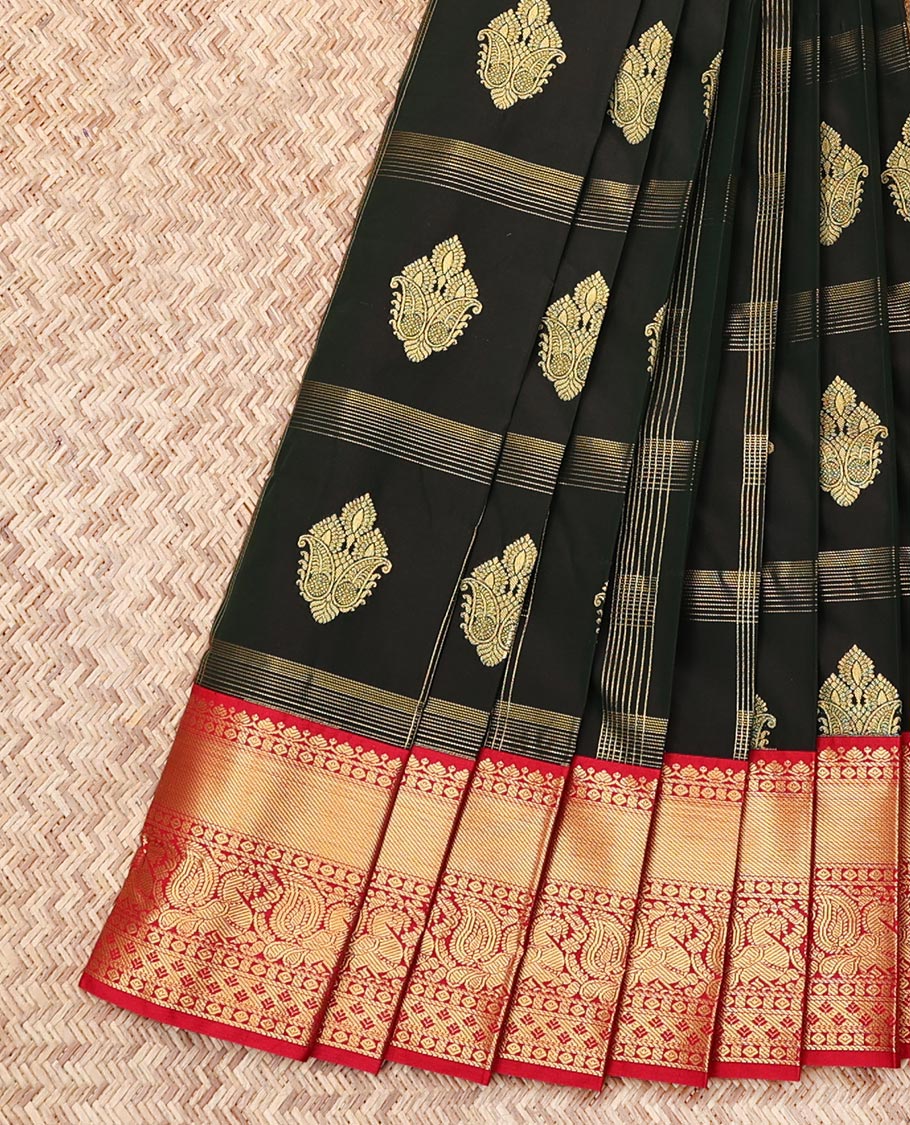 Black Budget Silk Saree, Gleamed Up with Zari Butta Enclosed Checks, Contrast Traditional Zari Border, Grand Pallu, and a Contrast Blouse