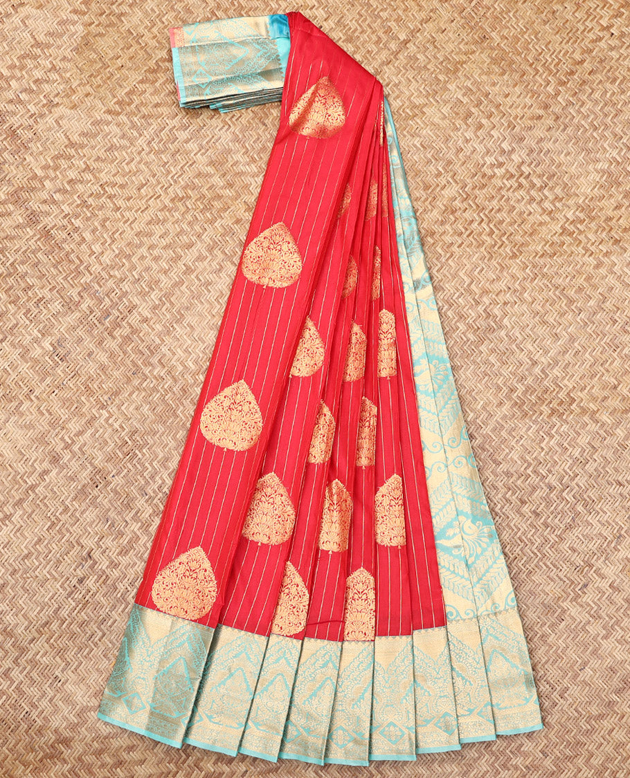 Red Budget Silk Saree, Showcasing Zari Buttas and Stripes, Complemented by a Contrast Traditional Zari Border, Intricate Pallu, and a Contrast Blouse