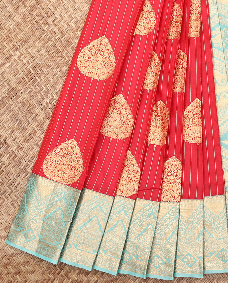 Red Budget Silk Saree, Showcasing Zari Buttas and Stripes, Complemented by a Contrast Traditional Zari Border, Intricate Pallu, and a Contrast Blouse