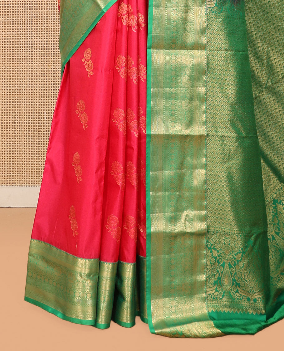 Red Budget Silk Saree, Detailed with Zari Buttas, Complemented by Contrast Traditional Zari Border, Pallu of Jaal Design, and Contrast Blouse