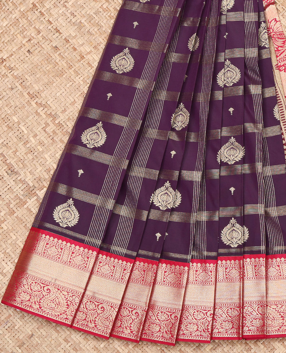 Brown Budget Silk Saree, Elegantly Highlighted with Zari Butta Enclosed Checked Design on Its Body, Complemented by a Contrast Traditional Zari Border, Intricately Designed Pallu, and Paired with a Contrast Blouse