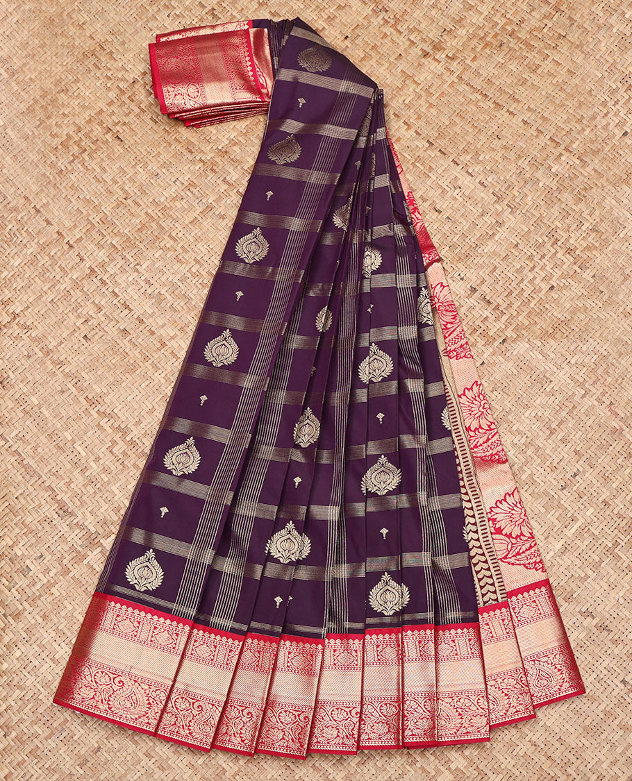 Brown Budget Silk Saree, Elegantly Highlighted with Zari Butta Enclosed Checked Design on Its Body, Complemented by a Contrast Traditional Zari Border, Intricately Designed Pallu, and Paired with a Contrast Blouse