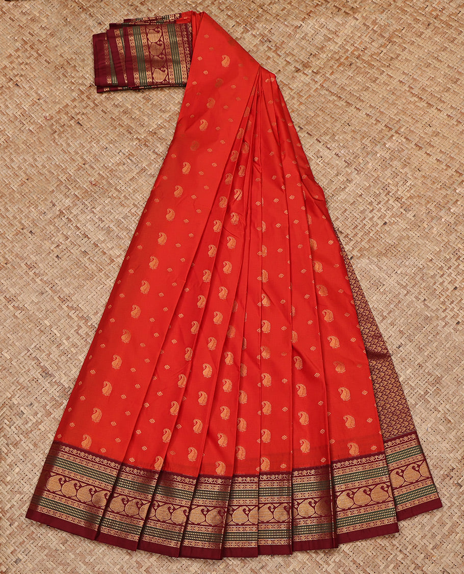 Red Budget Silk Saree, Woven with Zari Buttas All Over Its Body, Complemented by a Contrast Traditional Zari Design Border, Grand Pallu, and Paired with a Contrast Blouse