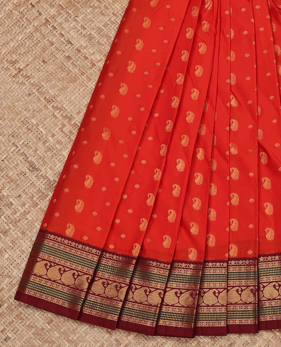Red Budget Silk Saree, Woven with Zari Buttas All Over Its Body, Complemented by a Contrast Traditional Zari Design Border, Grand Pallu, and Paired with a Contrast Blouse