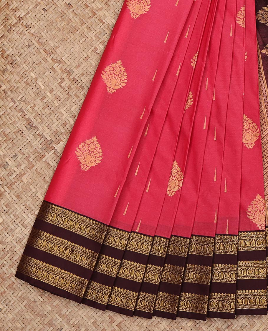 Pink Budget Silk Saree, Detailed with Zari Buttas on Its Body, Complemented by a Contrast Traditional Zari Design Border, Grand Jaal Pallu, and Paired with a Contrast Blouse