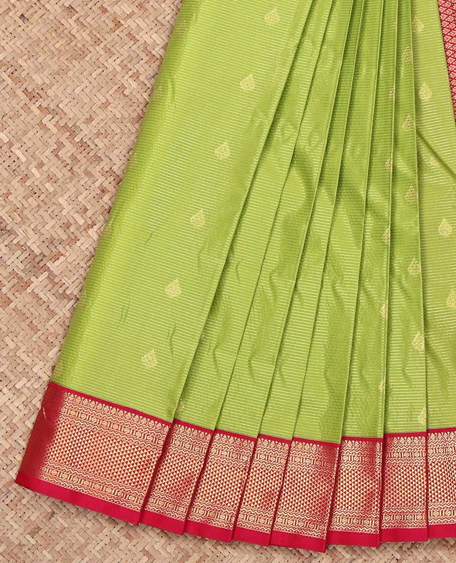 Parrot Green Budget Silk Saree, Finely Woven with Zari Buttas and Stripes on Its Body, Complemented by a Contrast Traditional Zari Design Border, Grand Jaal Pallu, and Paired with a Contrast Blouse