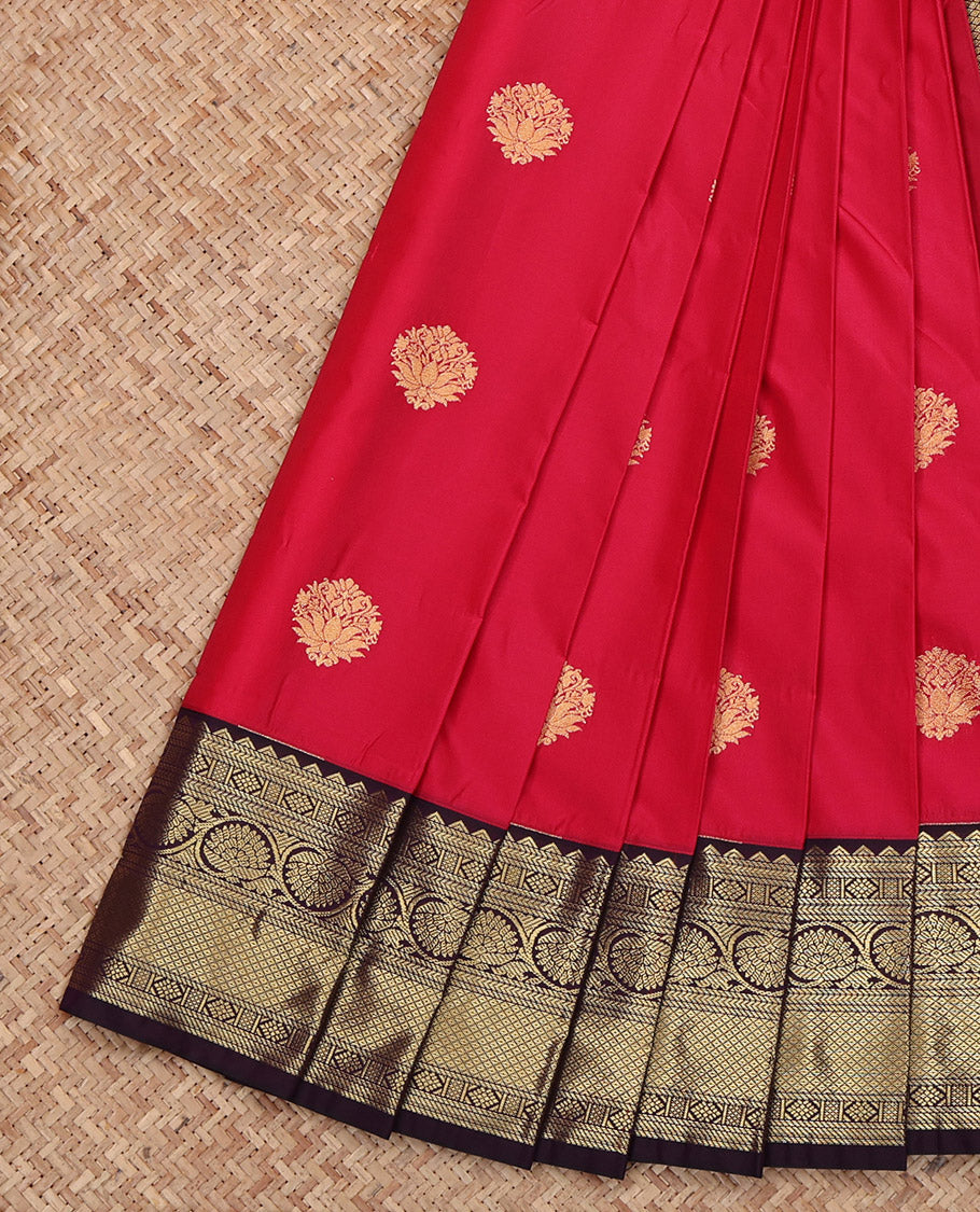 Red Budget Silk Saree, Enriched with Zari Buttas, Complemented by Contrast Traditional Zari Border, Grand Pallu and a Contrast Blouse