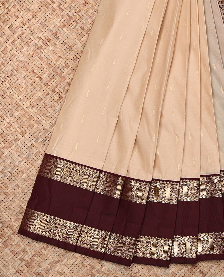 Sandal Budget Silk Saree, Sparsely Woven with Zari Buttas, Complemented by a Contrast Traditional Zari Rettai Pettu Border, Pallu of Jaal Designs, and a Contrast Blouse