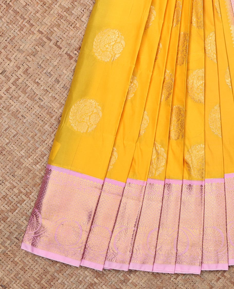 Yellow Budget Silk Saree, Sparsely Sparked with Zari Buttas, Complemented by Contrast Traditional Zari Border, Grand Pallu and a Contrast Blouse