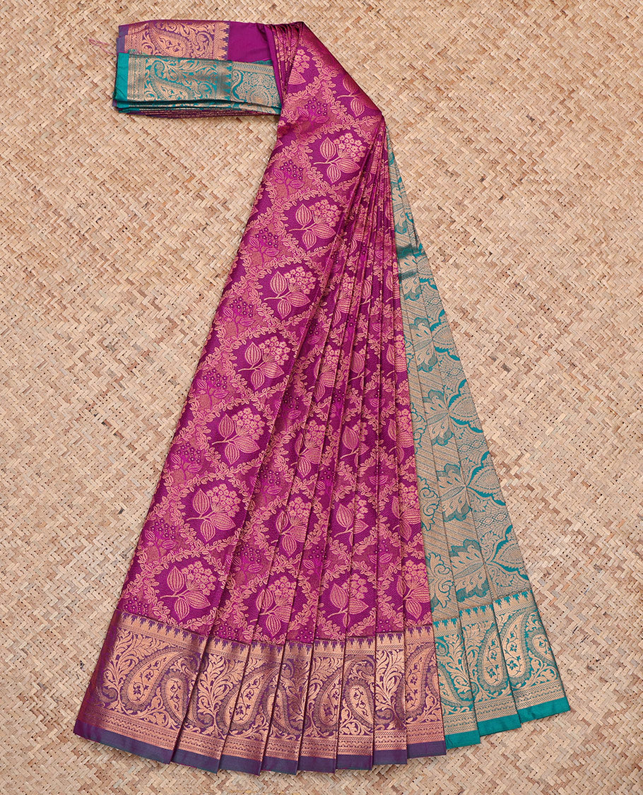 Pink Budget Silk Saree, Detailed with Floral Jacquard, Complemented by Contrast Paisley Zari Border, Intricate Pallu, and a Contrast Blouse