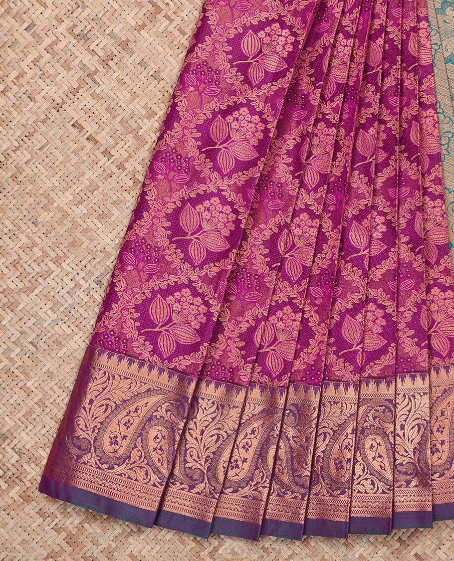 Pink Budget Silk Saree, Detailed with Floral Jacquard, Complemented by Contrast Paisley Zari Border, Intricate Pallu, and a Contrast Blouse