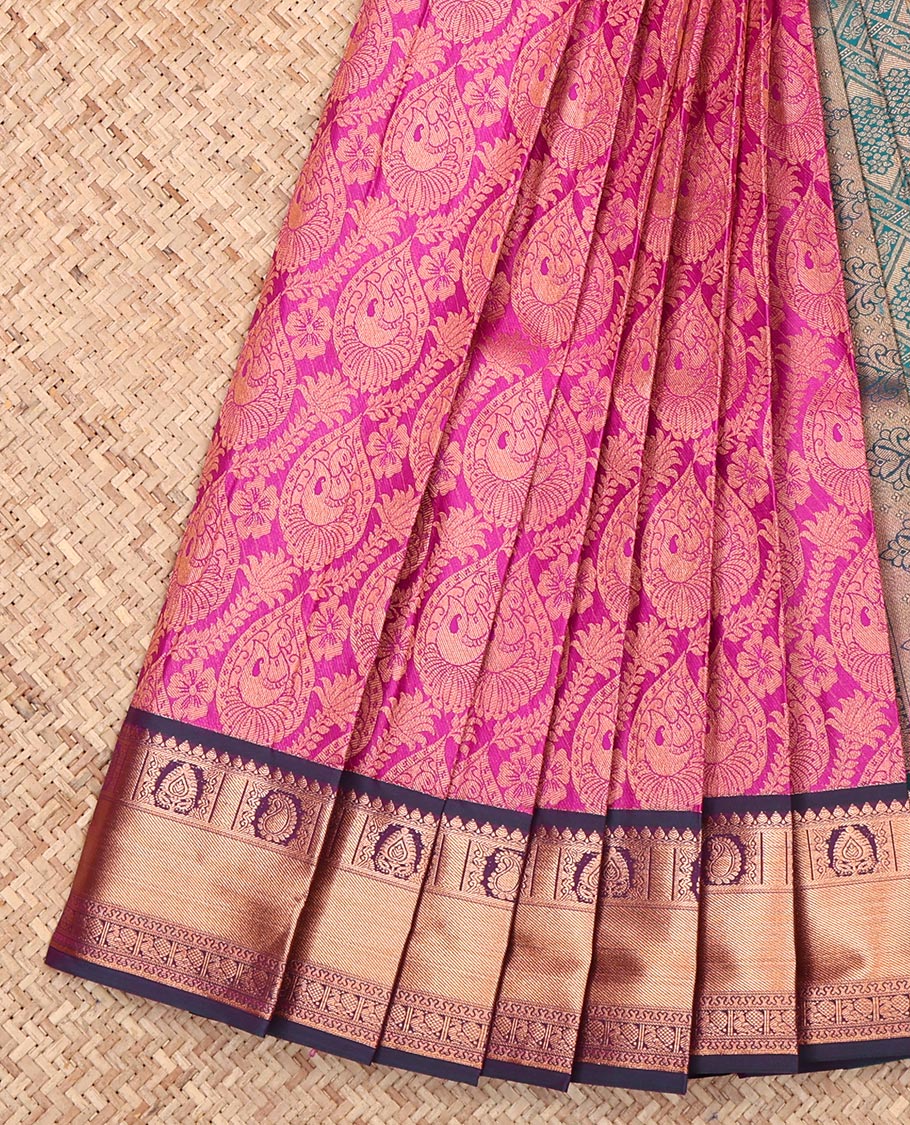 Rani Pink Budget Silk Saree, Steeped in Richness of Jacquard Design, Complemented by a Contrast Traditional Zari Border, Grand Pallu, and a Contrast Blouse